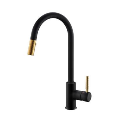 China Contemporary High Quality Pull Down Spray Head Brushed Gold Kitchen Faucet + Black Finish Modern Kitchen Mixer Tap for sale