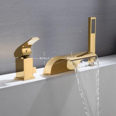 China Modern Bathroom 3 Hole Gold Color Deck Mounted Bathtub Faucet Set Luxury Design for sale