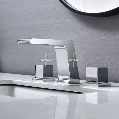 China 3 Hole Waterfall Modern Double Basin Faucet Bathroom Washroom Sink Mixer Tap Handles Chrome for sale