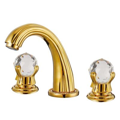 China 3 Holes Gold TI-PVD Bathroom Basin Sink Mixer Tap Traditional Crystal Handle Wash Tap for sale