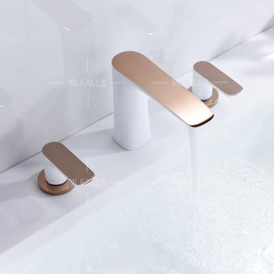 China Modern Contemporary White Water Saving + Rose Gold Lavatory Bathroom Basin Faucet for sale