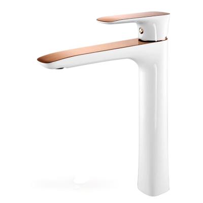 China Contemporary Bathroom Basin Faucet Tall Deck Mounted Single Hole White And Rose Gold Basin Faucet for sale