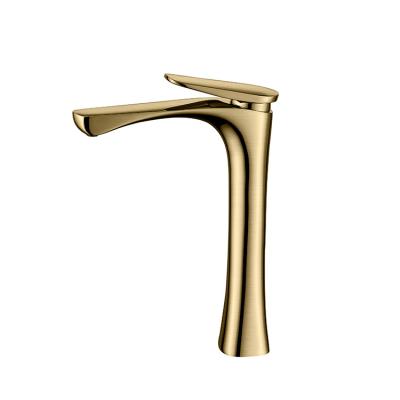 China Contemporary Bathroom Basin Faucet Tall Deck Mounted Single Hole Gold Basin Faucet Brushed Gold Washroonm Faucet for sale