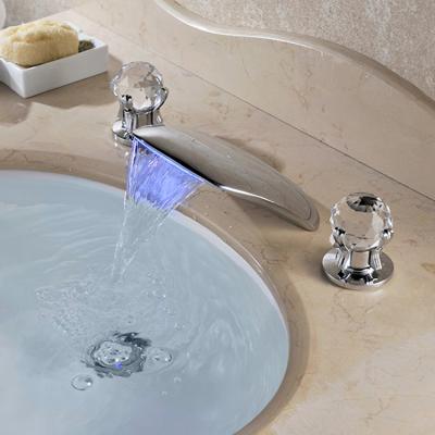 China New Chrome Waterfall LED Contemporary Basin Faucet Three Holes Double Handles Tap for sale