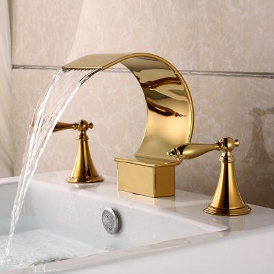 China Contemporary Technology Bathroom Waterfall Wash Sink Top Mixer Tap Brass Gold Brass Faucet for sale