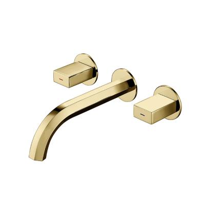 China Contemporary Modern Brass Wall Mounted Bathroom Sink Mixer Tap /Gold Color 3 Hole Bathroom Water Tap Basin Mixer Tap for sale