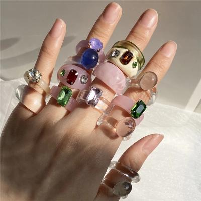 China Korean Creative Geometric Square Of Resin Cute Fashionable Colorful Transparent Acrylic Rings Around Irregular Ring Jewelry For Women for sale