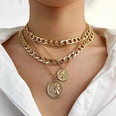 China Gold Chunky Thick Chain Choker Necklaces Cuban Multilayer Jewelry Gothic Portrait Gold TRENDY Punk Coin Pendant Necklace for sale