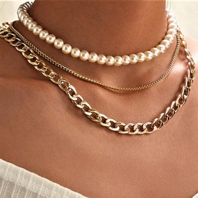 China Creative Fashion Vintage Statement Gold Plated Pearl Necklace Chains Multilayer Choker Pendant Necklaces For Ladies for sale