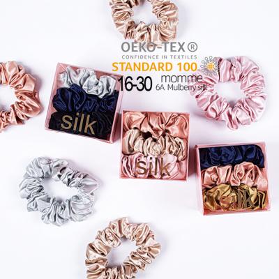 China Eco-friendly luxury non-toxic 100% pure silk scrunchy hair bands satin silk hair scrunchies with package for sale