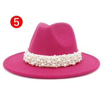 China Polyester / Cotton Over 20colors Solid Color Felt Fedora Wool Felt Hat With Pearl For Women for sale