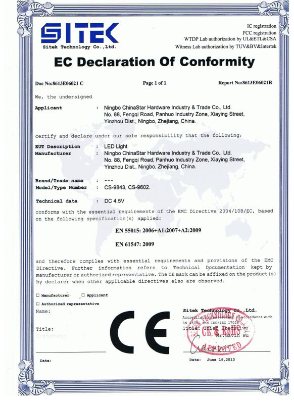 CE - CHINASTAR OPTOELECTRONICS(NINGBO)LIMITED