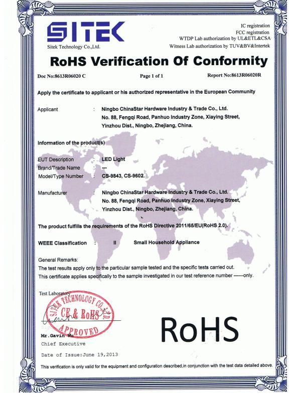 RoHS - CHINASTAR OPTOELECTRONICS(NINGBO)LIMITED