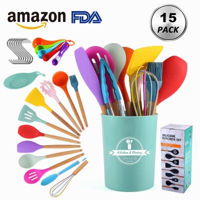 China 15pcs Amazon Amazon Hot Selling Kitchen Tableware Accessories Viable Viable Family Cooking Tools Silicone Utensil Set with Holder Hook Measurer for sale