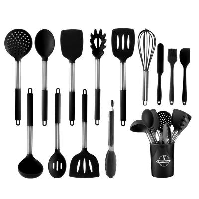 China Amazon 14 Pcs Viable Black Silicone Kitchen Cookware Sets Tool Kit And Accessories Rack With Stainless Steel Handle for sale