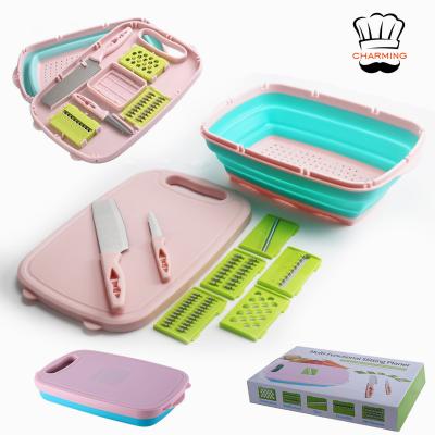 China Disposable Kitchen Instruments Amazon Smart Gift Set Silicone Rectangular Multi Folding Plastic Colander Function Folding Cutting Board for sale