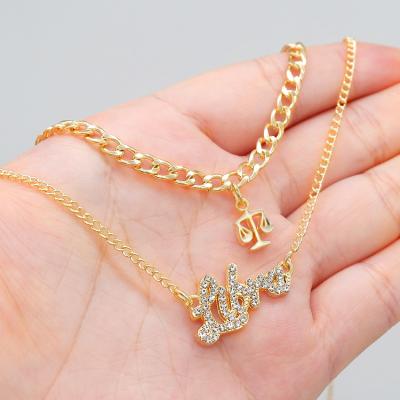 China Fashion Cuban Link Chain Gold Plated Double Layer Diamond Zodiac Sign Necklace Women for sale