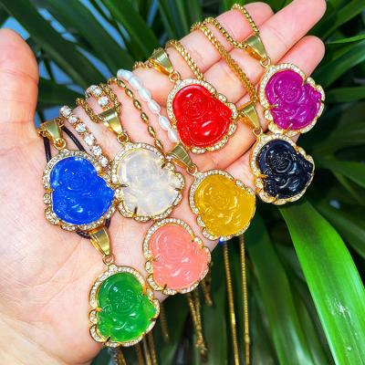 China Europe and America stainless steel crystal laughing religious maitreya carved jade Buddha pendant necklace for sale