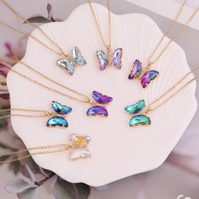 China Fashion 2022 New Styles 14k Gold Plated Stainless Steel Gradient Color Butterfly Layered Crystal Butterfly Necklaces for sale