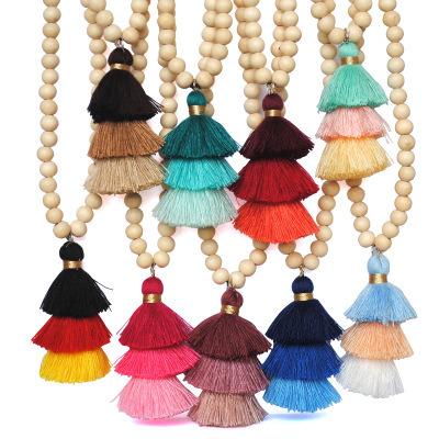 China Custom Europe and America Bohemia Multi Color Bead Tassel Wooden Long Necklace for Women for sale