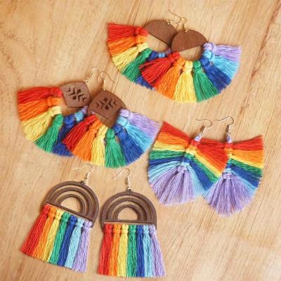 China FASHIONABLE Colorful Colorful Rainbow Long Tassel Bohemia Summer Statement Drop Earrings Wooden Jewelry For Women for sale