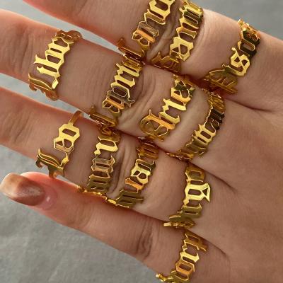 China CLASSIC 18k Gold Plated 12 Old English Zodiac Stainless Steel Rings for sale