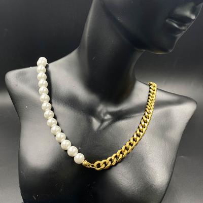 China Fashion Half Real Cuba Half Chain Nice Pearl Necklaces 18K Freshwater Gold Plated Cuban Chain Necklace For Men And Women for sale