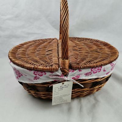 China Sustainable High Quality Willow Basket Storage Picnic Basket With Lid Colored Red Fabrics for sale