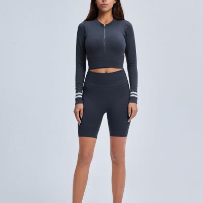 China Women Yoga Running Wear Sports Breathable Seamless Workout Long Sleeve Top Short Pant Suits for sale