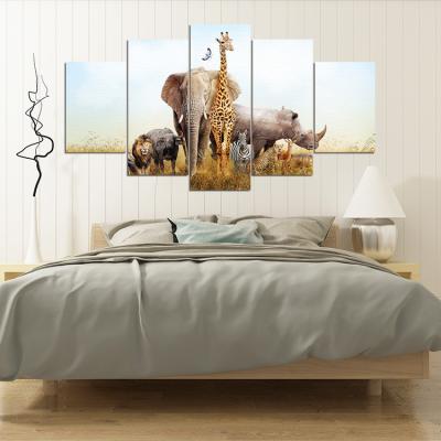 China Modern African Wild Animals Landscape Painting Animal Wall Art Canvas Print Grassland Home and Room Decor Poster 5 Pieces for sale