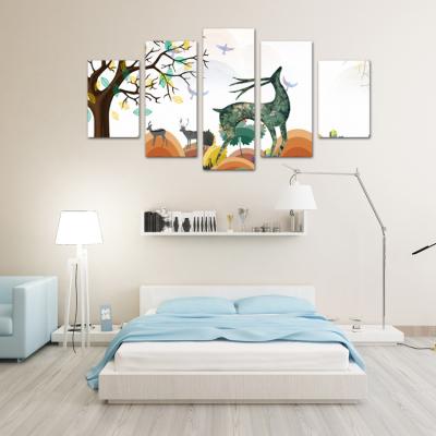 China Modern Art Craft Prints Home Modern Wall Art Paintings 5 ​​Piece Decorative Elk Oil In The Back Adhesive Forest Canvas Painting for sale