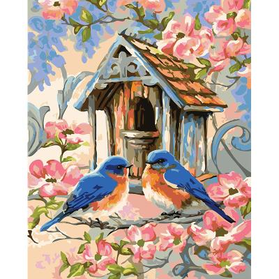 China Small Eco-friendly Handmade Canvas Bird House Oil Painting Diy Kits For Adult Kids Wall Art Custom Paint By Numbers Decorative Without View for sale