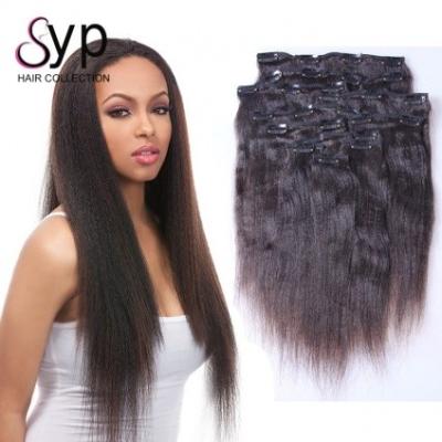 China Yaki Straight Virgin Clip In Hair Extensions Long Human Hair Extension Natural Black Color for sale