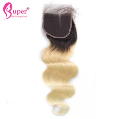 China Color suizo 100% del cierre 4x4 Ombre del cordón de la extensión del cabello humano del estilo libre 1B 613 en venta