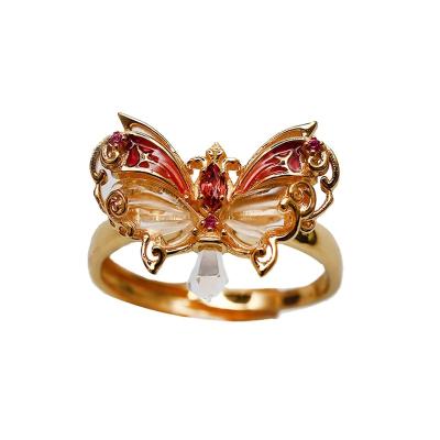 China 925 silver 2023 Hot Sale Cute sweet fashion 925 silver jewelry butterfly garnet and white crystal  gemstone ring for sale