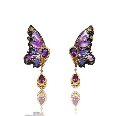 China 925 silver 2023 hot sale exquisite luxury amethyst butterfly earrings for sale