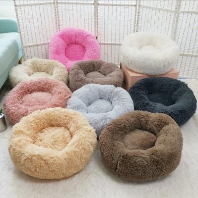 China Round Cat Cushion Bed Super Soft Washable Dog Bed Long Faux Fur Travel Fabric Comfortable Pet Bed Donut for sale