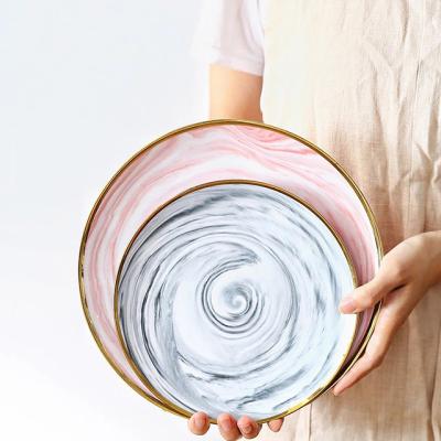 China Disposable Personalized Custom Marble Ceramic Dinner Dishes / Royal Charger 8inch Dish Elegant Rose Gold Rim for sale