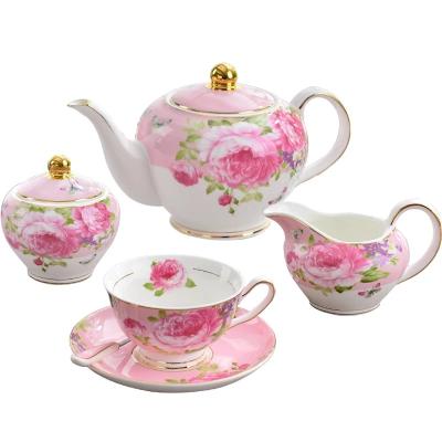 China Viable Luxury Custom Color Floral Turkish Teacup Saucer Sets Rose, Fine 5 Pcs Porcelain Tea Set for sale