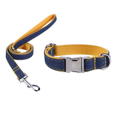 China Sustainable Medium and Small Dog Denim Collar and Leash Sets, Running Leash and Solid Denim Nylon Dog Collar for sale