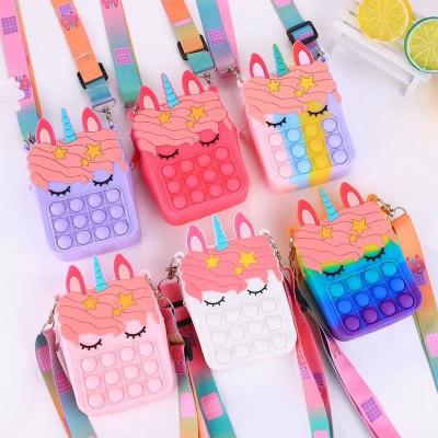 China Unicorn Bags For Children fashion fidgety person girl rainbow silicone push button cute snap handbag sensory toys for sale