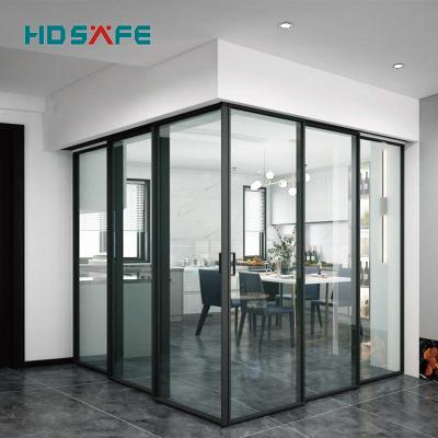 China Modern Double Room Divider Tempered Glass Right Angle Open Synchronized Sliding Door For Kitchen Glass Partition Design for sale