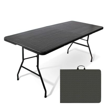 China Modern 70IN Easy Carry Handle Center Imitated Rattan Tabletop Folding Into Half Table For Universal for sale