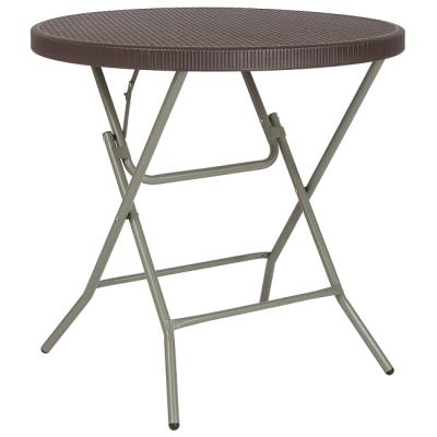 China Modern 2.6 Foot Brown Waterproof Stain Heavy Duty Top Round Imitated Rattan Plastic Folding Table With Steel Legs for sale