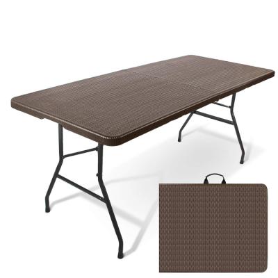 China Modern 6 Feet Heavy Duty Portable Brown Color Imitated Rattan Plastic Center Folding Table With Handle for sale