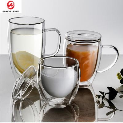 China Disposable Borosilicate Wall Coffee Mugs Disposable Hand Made Heat Resistant Glass Clear Coffee Mug Double Set With Handle And Lid for sale