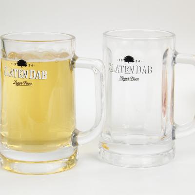 China Customized clear Zhejiang 360ml decal printing logo glass beer mug/thick beer glass mug with handle/rtl glass for sale