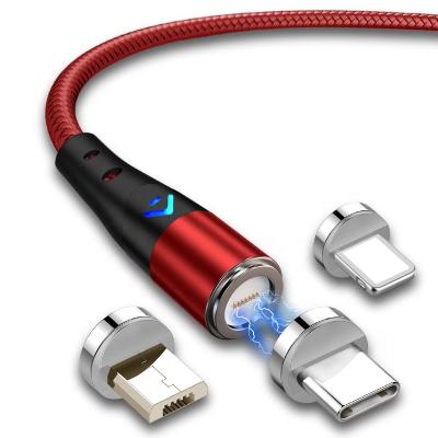 China 360Â ° degree rotation on 3A USB Current 3 in 1 Fast Charging Magnetic Cable Braided Nylon with LED Light Magnetic Data Cable with Logo Engrave Service for sale