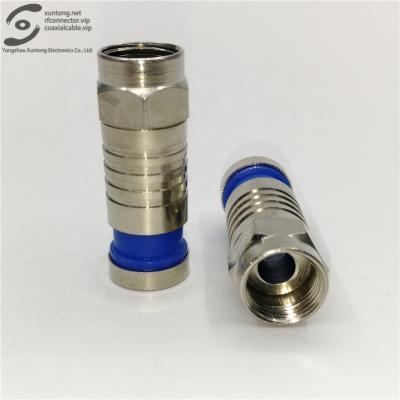 China RG6 RF Connector Coaxial Brass Nickel Plated Compression Blue Plastic Connector With Pattern (Brass) for sale