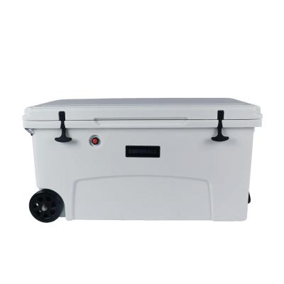 China Waterproof plastic rotomolded SNOWBALL 145L cooler box with wheels, cooler box with tire easy carry for sale